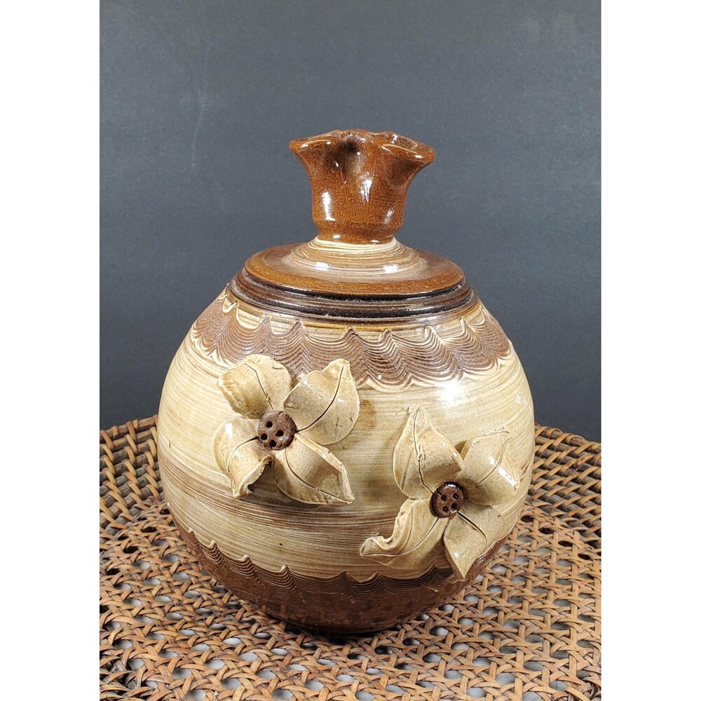 Signed Studio Pottery Vase Stunning Earth Tones with Handcrafted Floral Design